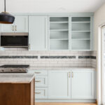 Custom Copen blue cabinets kitchen wood island