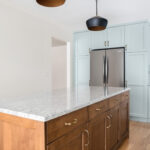 Copen blue cabinets kitchen wood island