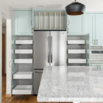 Custom pantry shelves Copen blue cabinets kitchen wood island